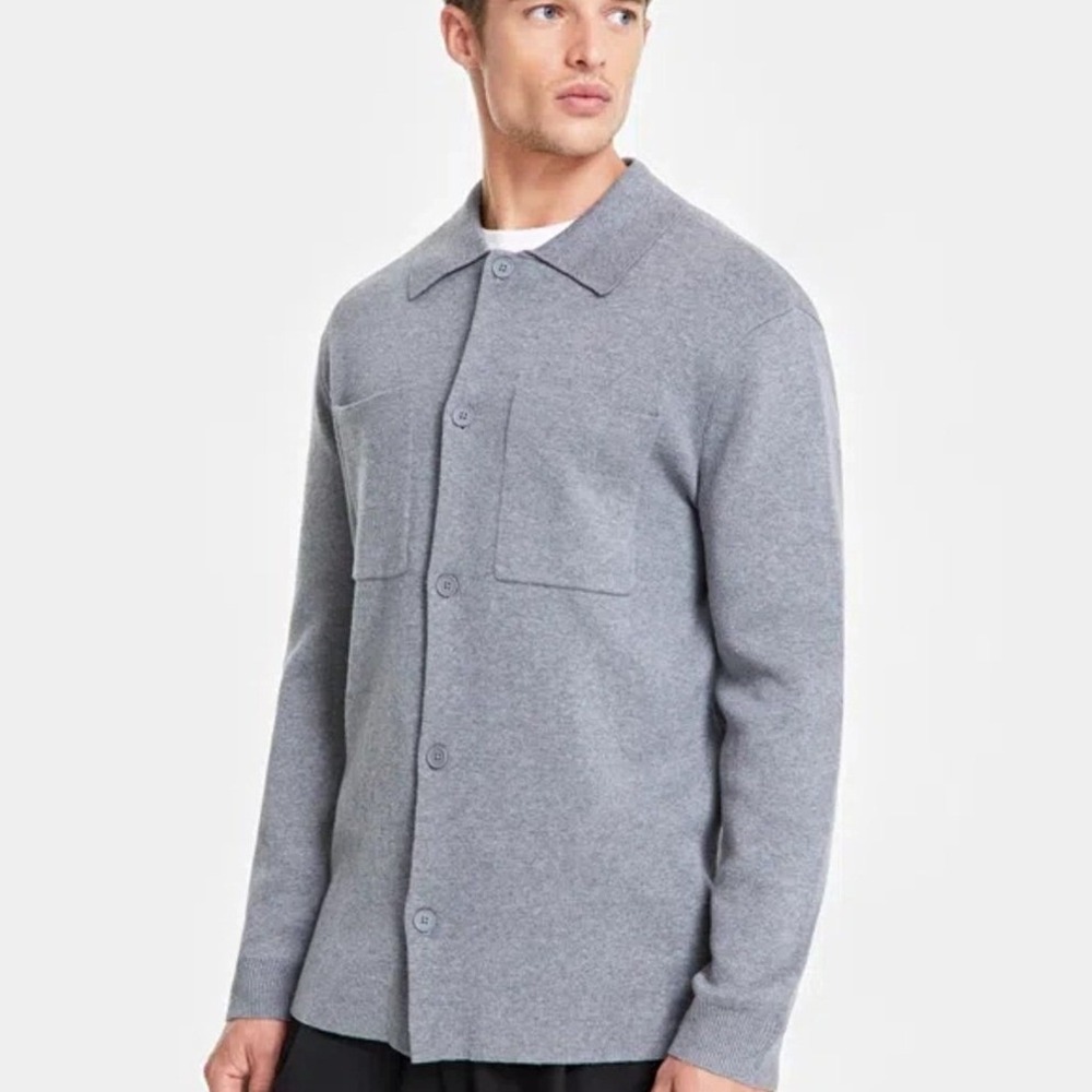 Alfani Mens Knit Button Down Shirt Jacket Cement Grey Heather‎ 100185674MN Small